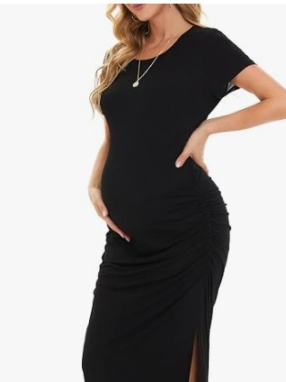 NWT Smallshow Women's Long Split Ruched Maternity Dress Navy Blue Large